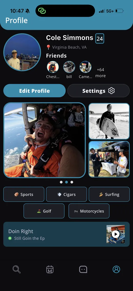 The Boys profile screen showing photos, interests like surfing and golf, and a favorite song