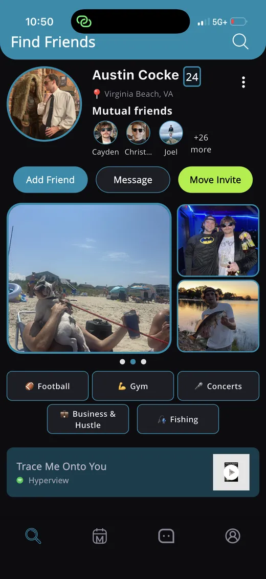Find Friends screen with a profile card, mutual friends and a Move Invite button